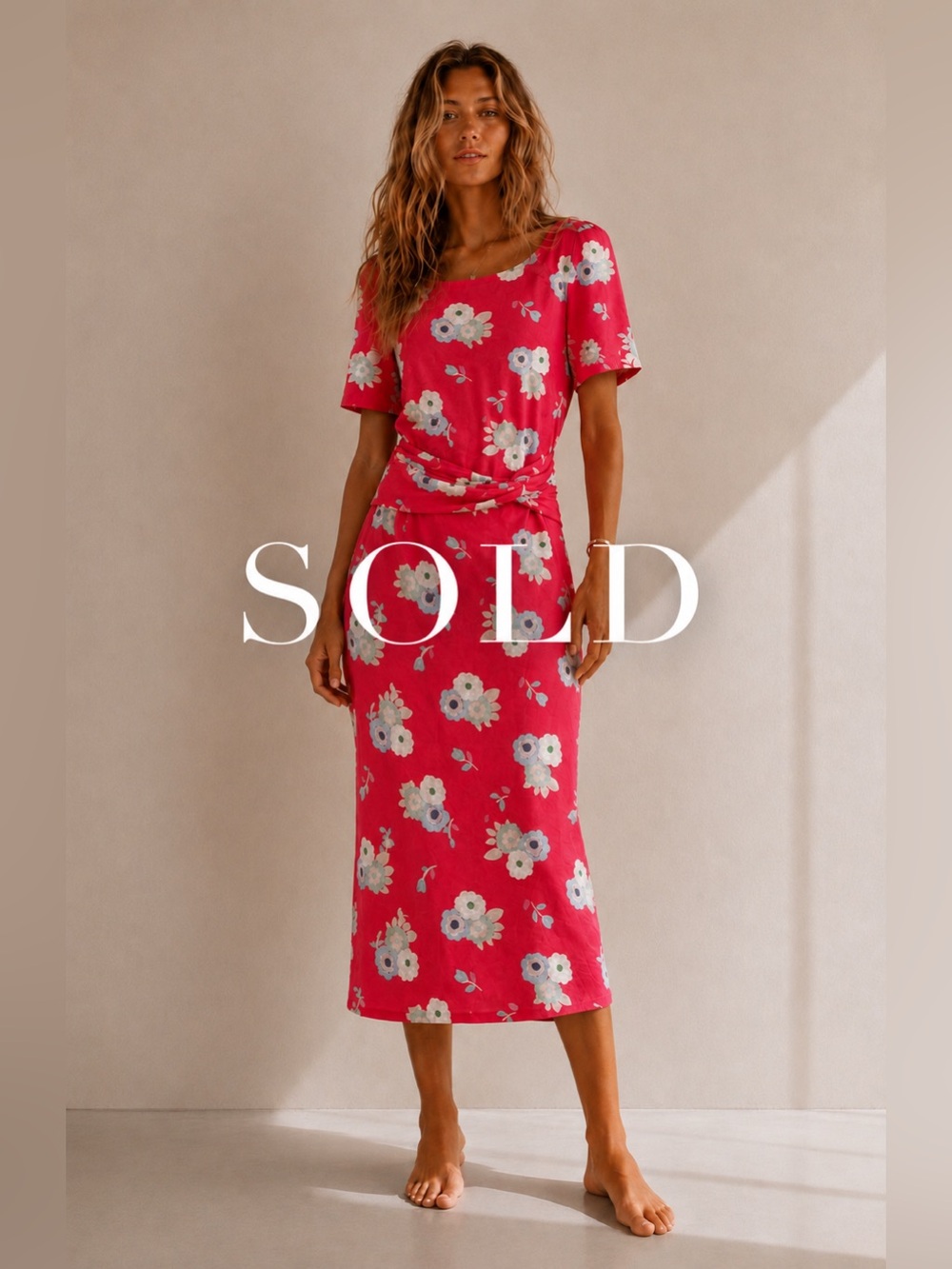 Boden Pink Floral Knot-Waist Midi Dress